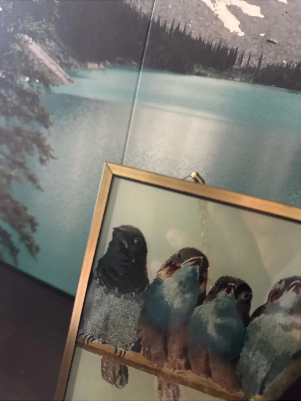 Bird Illustration Hanging Plaque with Gold Frame - Blue, Brown, Cream
